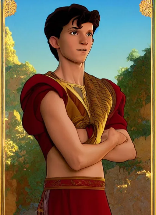 Image similar to skinny young tom holland as prince ali ababwa in the sultan's palace, cinematic lighting, path traced, highly detailed, high quality, beautiful painting, by don bluth and ross tran and studio ghibli and alphonse mucha, artgerm