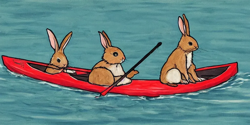 Image similar to a rabbit paddling a kayak, in the style of Zorn