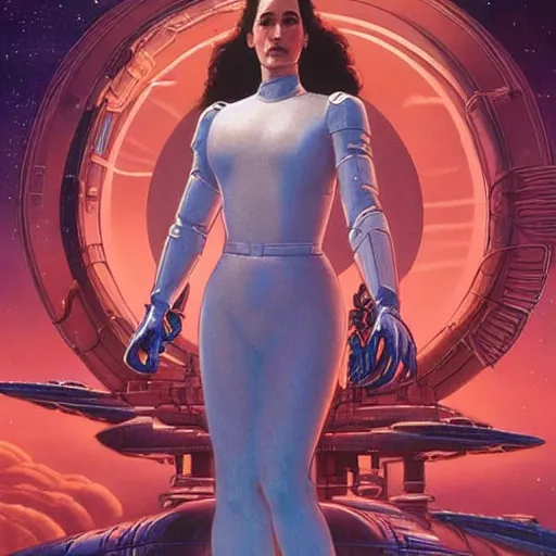 Image similar to Jennifer Connelly as a stunning , beautiful retro SCI-FI space heroine 1985 , movie poster, intricate, elegant, highly detailed, centered, digital painting, trending on artstation, concept art, smooth, sharp focus, illustration, art by artgerm and donato giancola and Joseph Christian Leyendecker, Ross Tran, WLOP