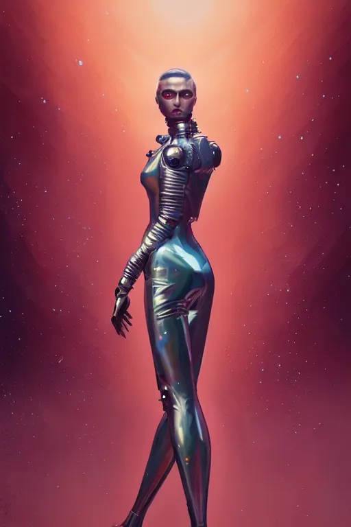 Image similar to a full body portrait of a sci fi futuristic fashionista fashion design by karol bak, james jean, tom bagshaw, rococo, sharp focus, trending on artstation, cinematic lighting, hyper realism, octane render, 8 k, hyper detailed, vivid, ultra detailed, highly detailed