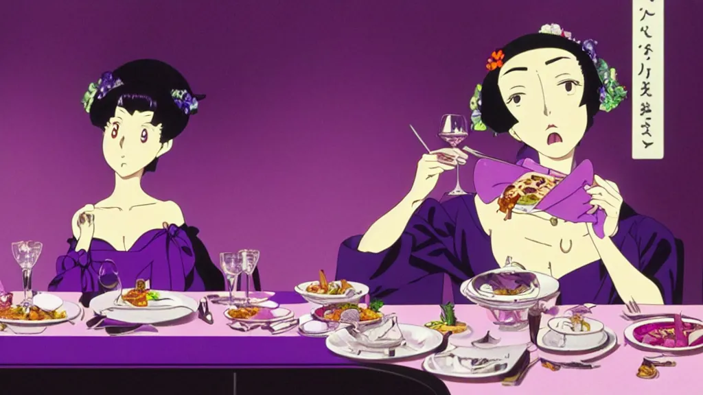 Image similar to a woman wearing a purple dress and wearing a purple slug mask eating dinner at a fancy French restaurant in Tokyo, anime film still from the an anime directed by Katsuhiro Otomo with art direction by Salvador Dalí, wide lens