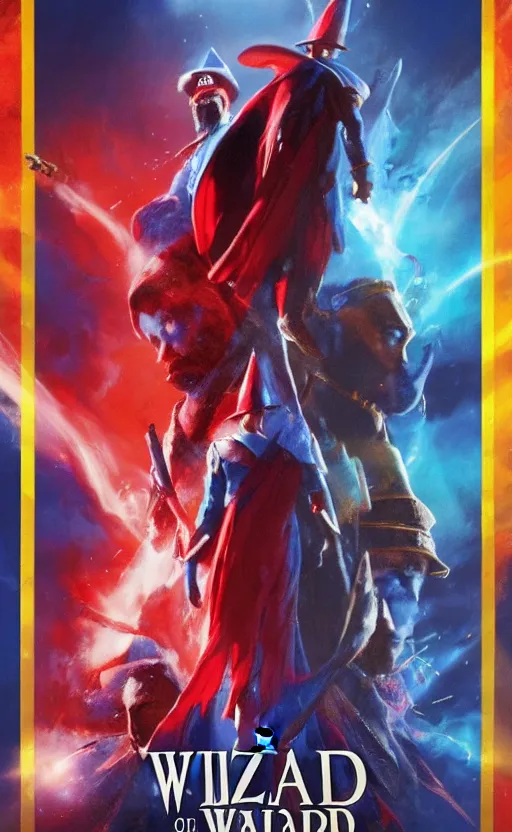 Image similar to a mind - blowing, epic movie poster, depicting a war between red and blue fantasy wizards, wearing wizard hats, magic, cinematic