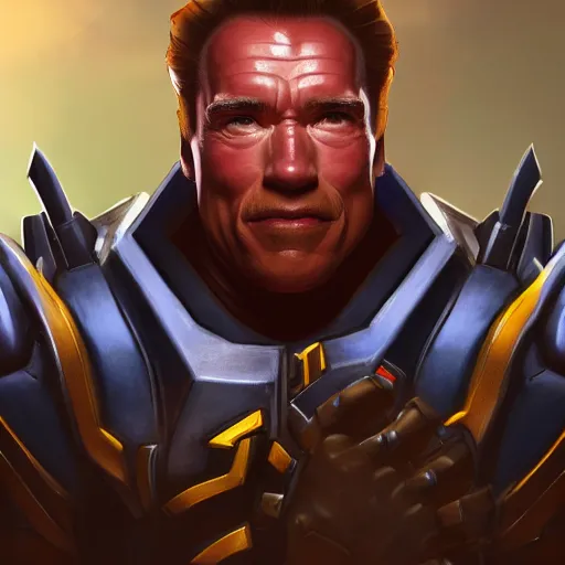 Image similar to a screenshot of arnold schwarzenegger as reinhardtin overwatch, portrait, fantasy, beautiful face, vivid colors, elegant, concept art, sharp focus, digital art, hyper - realistic, 4 k, unreal engine, highly detailed, hd, dramatic lighting by brom, trending on artstation