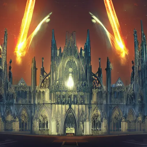 Image similar to a gothic cathedral crossed with a battleship flying through space with laser cannons and rocket engines