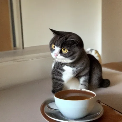 Image similar to a elegant scottish fold cat having a cup of tea