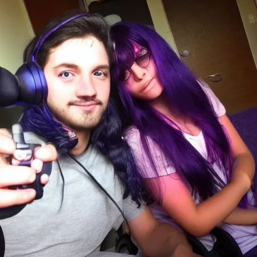 Prompt: my friend milan with a girl who has purple hair and plays video games, high details, fine face