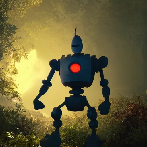 Image similar to ultra realistic and intricate detailed photograph of iron giant with his friend gold giant, 1999 pixar movie, forest, technology, innovation, bright modern style, artstation, unreal render, depth of field, ambient lighting, award winning, stunning