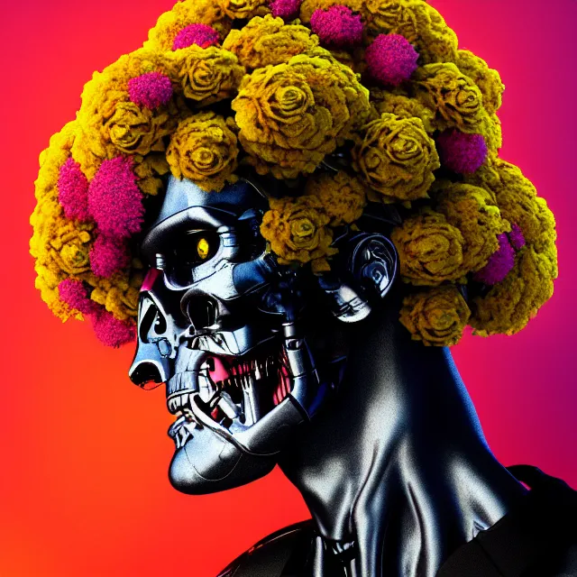 Prompt: portrait of the terminator with a a flower afro made out of various flowers, eating flowers, dramatic cinematic lighting, bold colors, 8 k, beautiful intricate painting, hyper realistic, octane render