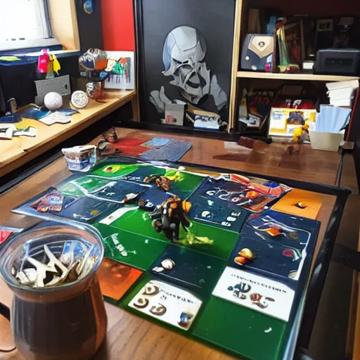 Image similar to untidy flat of game designer who plays blood bowl