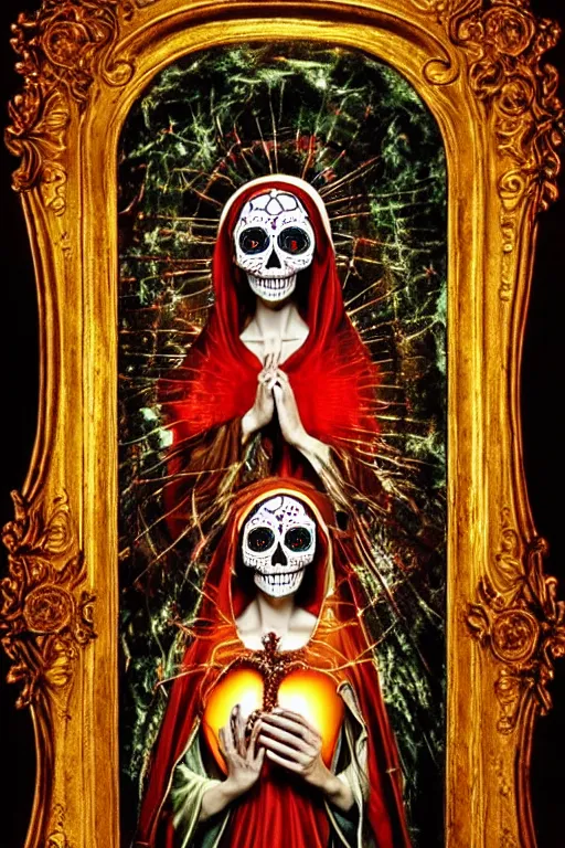 Prompt: virgin mary holding stainglass heart, dia de muertos, horrific beautiful vibe, evocative, atmospheric lighting, painted, intricate, highly detailed, leesha hannigan, wayne haag, reyna rochin, ignacio fernandez rios, mark ryden, iris van herpen, stunning, gorgeous, sharp focus, cinematic, masterpiece, still form a silent film