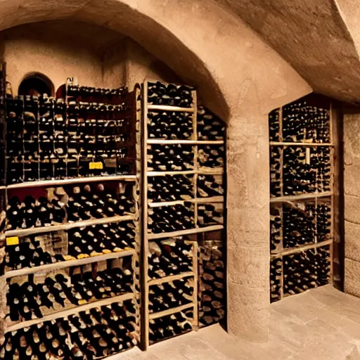 Image similar to an ancient wine cellar with six mona lisas hanging on the wall, still from a movie