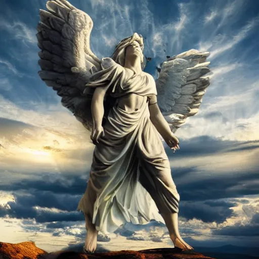 gigantic biblical depiction of an angel towering over | Stable Diffusion