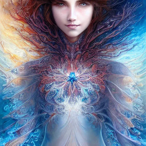 Image similar to a beautiful fractal manipulating water by karol bak, ayami kojima, artgerm, river, water, blue eyes, smile, concept art, fantasy