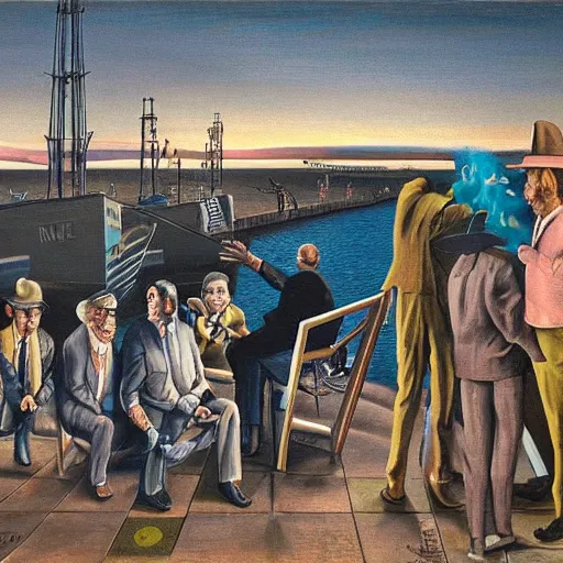 Image similar to the meeting of conspiracy theorists at the docks at midnight, surrealist painting