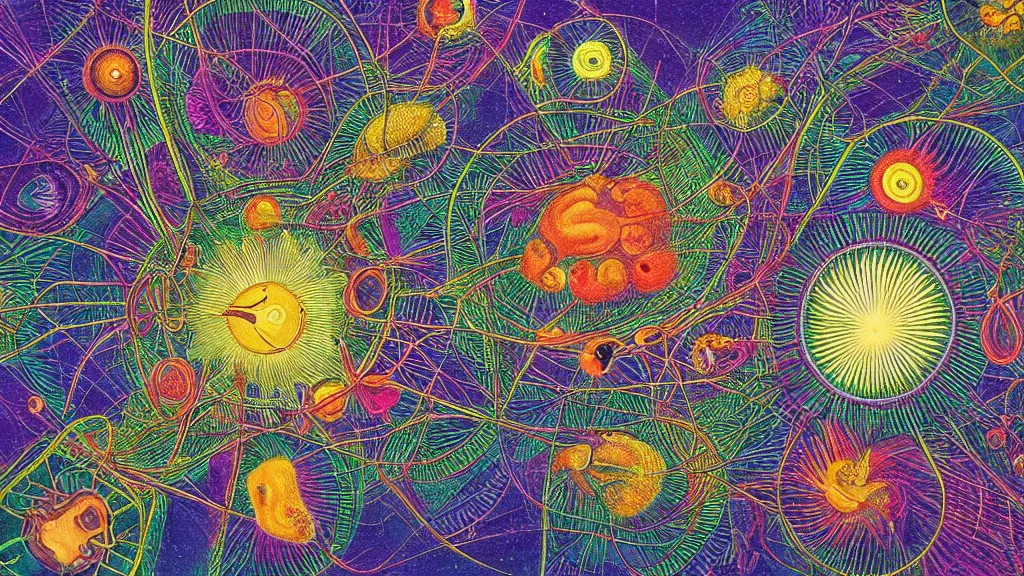 Image similar to quantum connections represented as symbiotic organisms like cells playing around with colorful lights by ernst haeckel, transparent