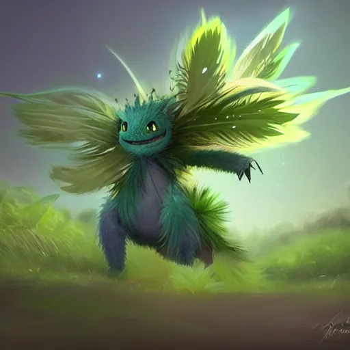 Image similar to a cute beautiful plant type pokemon with smile, green feathers bursting out of his hair, full body portrait, highly detailed digital art, 3 d perspective, award - winning illustration, aesthetic, smooth, pokemon style, made by greg rutkowski, with an alien landscape in the background