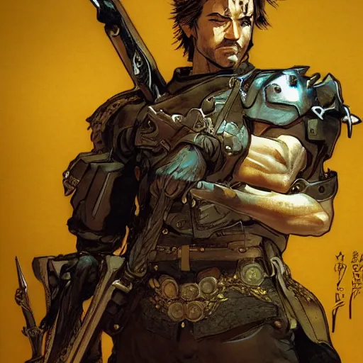 Image similar to portrait of a hero holding his sword in front of his face by yoji shinkawa, high quality, extra details, realism, ornate, colored, golden chain, blood, white skin, short hair, brown eyes, vivid, sunlight, dynamic, american man, freedom, soldier