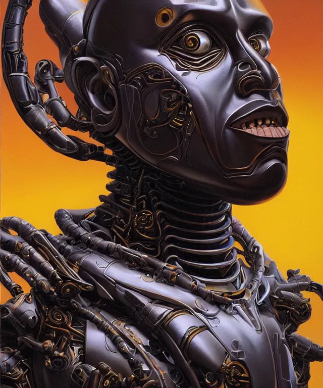 Prompt: perfectly centered portrait, front view of a beautiful biomechanical android alien robot kanye west, male, flowing hair, intense stare, sarcastic smile, symmetrical, concept art, intricate detail, volumetric shadows and lighting, realistic oil painting by tim hildebrandt,