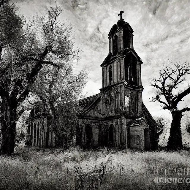 Prompt: infrared photograph of an abandoned church with overgrown vegetation, exterior, vintage photograph