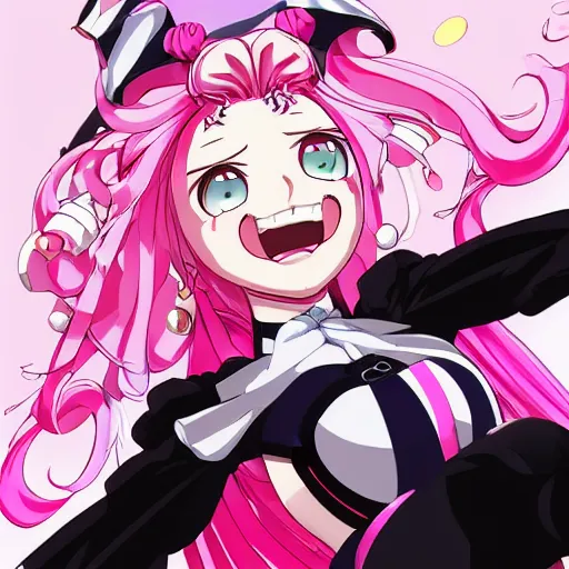 Image similar to stunningly beautiful omnipotent megalomaniacal anime goddess who looks like junko enoshima with symmetrical perfect face and porcelain skin, pink twintail hair and mesmerizing cyan eyes, looking down upon the viewer and taking control while smiling in a mischievous way, mid view from below her feet, hyperdetailed, photograph in frog's perspective, 8 k