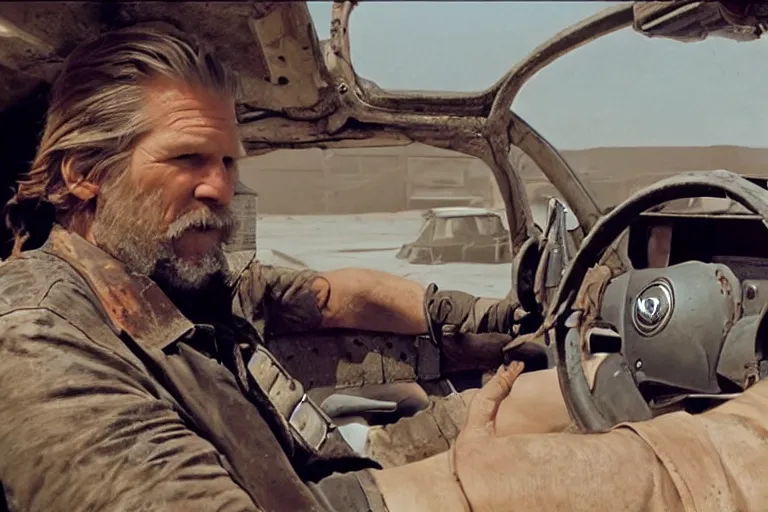 Image similar to Jeff Bridges sitting in the driver's seat in Mad Max Road Warrior, rusted, cobbled together Nissan R34 GTR, interior, screenshot, cinematic Eastman 5384 film