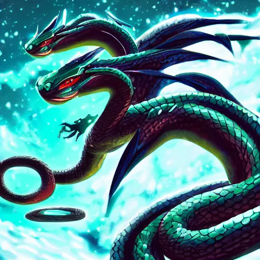 Image similar to rayquaza the snake like dragon pokemon flying in the sky, regal, imposing, dark, winter, snow, beautiful, stunning, hd, illustration, epic, d & d, fantasy, intricate, elegant, highly detailed, wide angle, digital painting, artstation, concept art, smooth, sharp focus, illustration, wallpaper, art featured on artstation