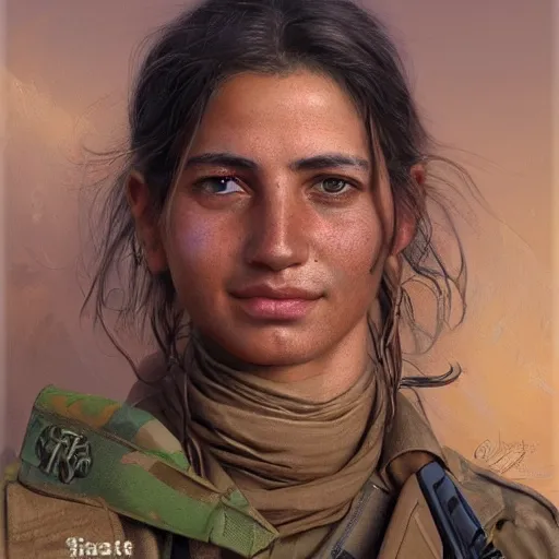 Image similar to a portrait of a happy Kurdish YPJ soldier, detailed, centered, digital painting, artstation, concept art, donato giancola, Joseph Christian Leyendecker, WLOP, Boris Vallejo, Breathtaking, 8k resolution, extremely detailed, beautiful, establishing shot, artistic, hyperrealistic, beautiful face, octane render