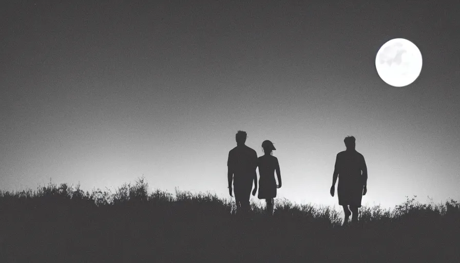 Image similar to a couple leaving together in the night, walking towards the full moon, cinematic lighting, wow, establishing shot