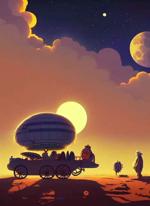 Prompt: gypsy caravan by paolo eleuteri serpieri and tomer hanuka and chesley bonestell and daniel merriam and tomokazu matsuyama, clouds, moon, sun, unreal engine, high resolution render, featured on artstation, octane, 8 k, highly intricate details, vivid colors