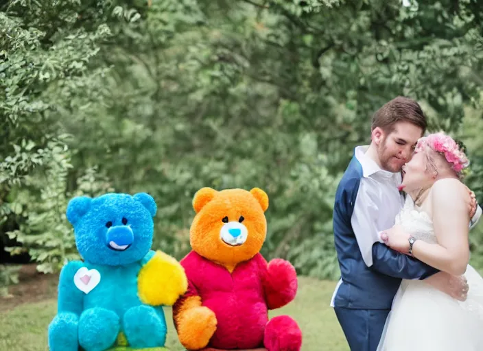 Prompt: care bear themed wedding, professional photography, nerd marriage