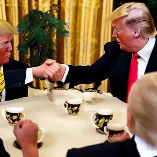 Prompt: donald trump drinking chinese tea with richard nixon, fist - bumping, happy, smiling laughing