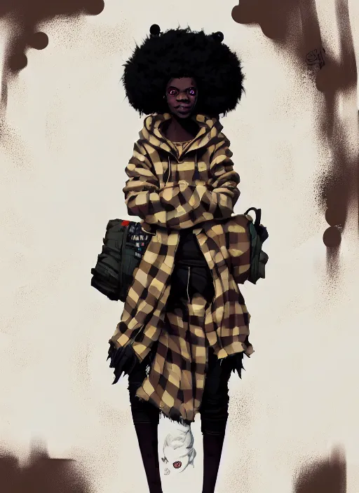 Image similar to highly detailed portrait of a sewer punk african lady, tartan hoody, white afro hair by atey ghailan, by greg rutkowski, by greg tocchini, by james gilleard, by joe fenton, by kaethe butcher, gradient cyan, brown, blonde cream and white color scheme, grunge aesthetic!!! ( ( graffiti tag wall background ) )