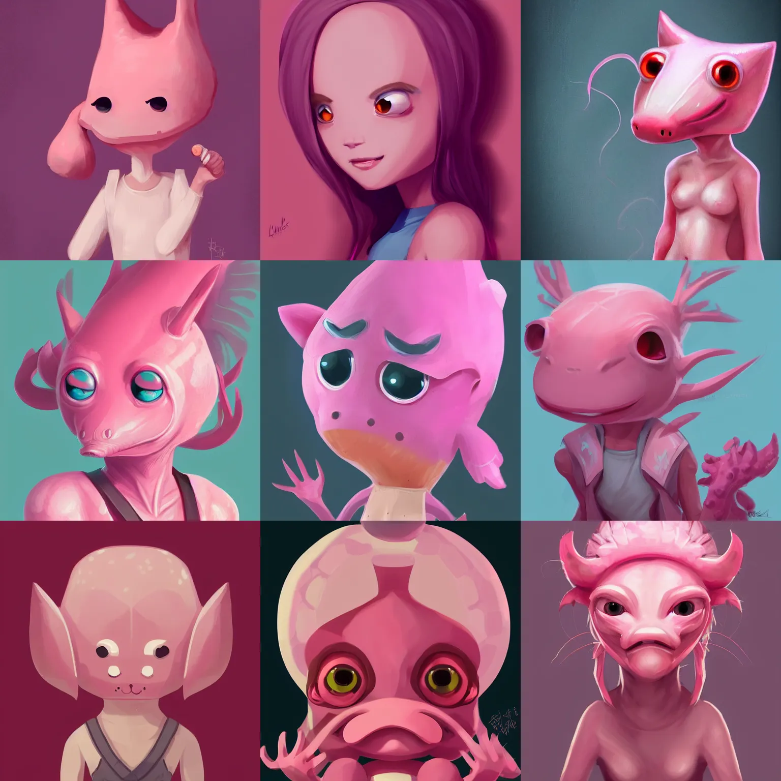 Prompt: character concept portrait, pink anthropomorphic axolotl person, adorable digital painting, concept art, smooth, sharp focus, illustration, artgerm