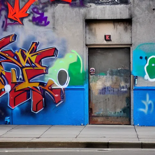 Image similar to high quality photograph of the outside of a building at dusk. There is very artistic graffiti on one wall of the building and a fire hydrant on the sidewalk in front of the wall. Three empty spray paint cans lay discarded on the ground and a young person around the age of 20 is walking away from the building.