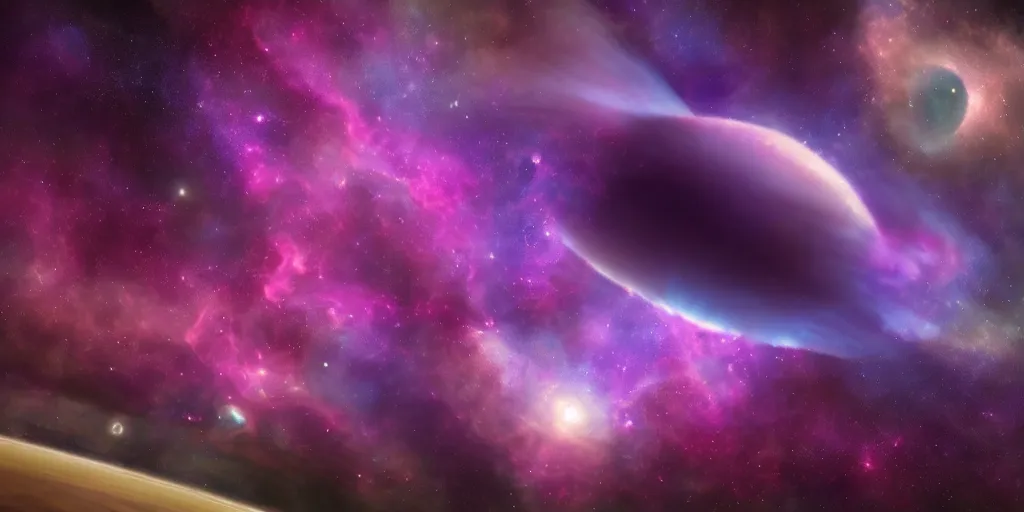 Image similar to magnificent photography of a planet with a nebula in deep space landscape, pink and purple chaotic clouds, stars, unreal engine render, nasa, artstation, deviantart, 8 k