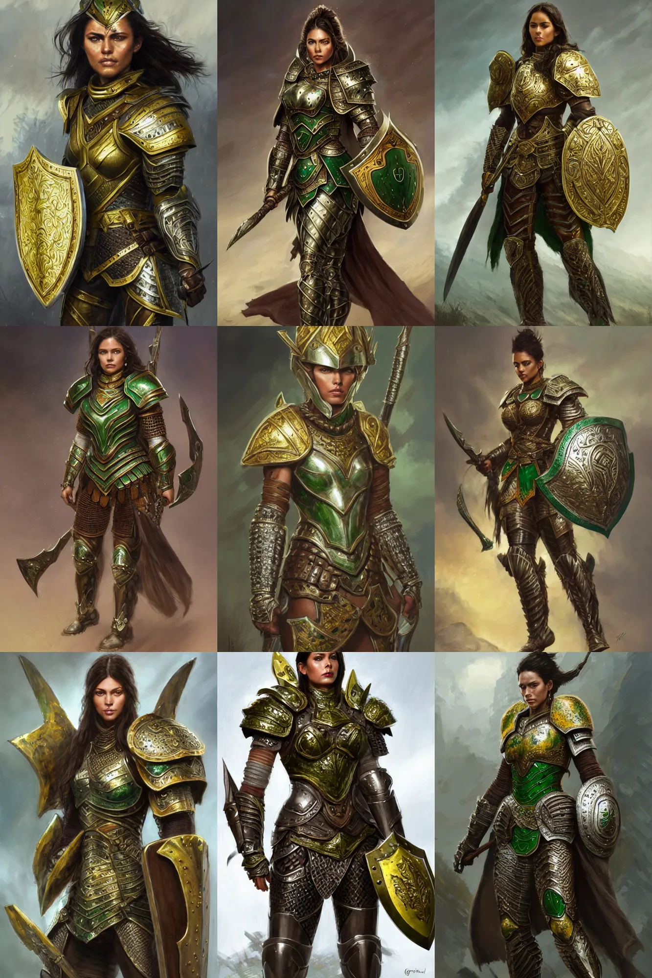 Prompt: full body portrait of a rugged female warrior dark skin medium length brown hair and a very highly detailed face wearing elegant white, green and gold plate mail armor intricately painted, holding a huge shield, very highly detailed, artstation, realistic character concept artgerm, sharp focus, by greg rutkowski, and magali villeneuve