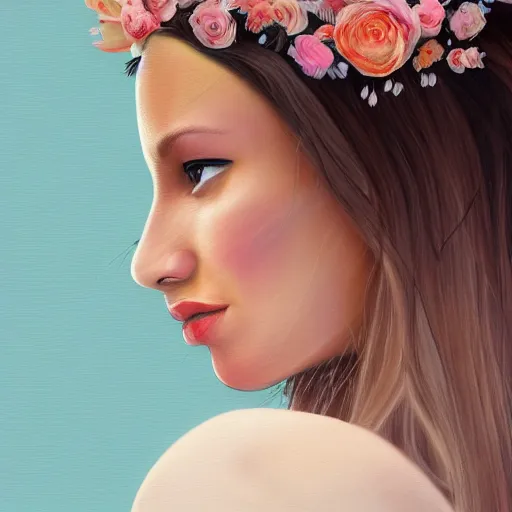 Prompt: Woman against a background of flowers, they are intertwined in her hair, the color of her hair white, coral lips and brown skin, she is in a white satin dress, photorealism style