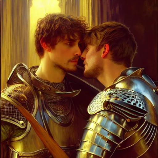 Image similar to attractive arthur pendragon and his attractive male knight, they are in love, natural lighting, path traced, highly detailed, high quality, digital painting, by gaston bussiere, craig mullins, alphonse mucha j. c. leyendecker