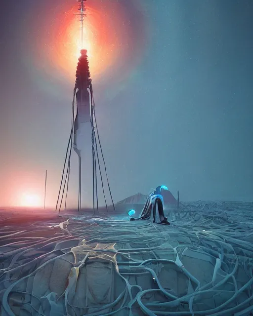 Image similar to a glowing female spirit of mother nature screams out in agony. drilling rigs bore into the earth in the background. wide shot, detailed, sharp, 8 k, award winning digital art by beeple.