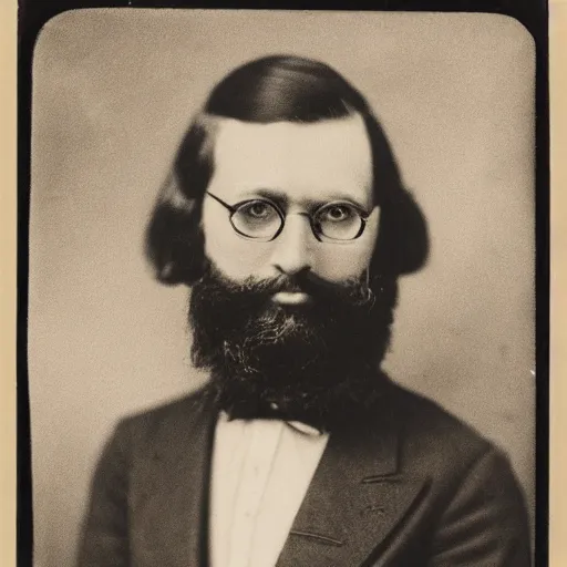 Prompt: A vintage portrait of an attractive bearded brown-haired man with three eyes wearing glasses