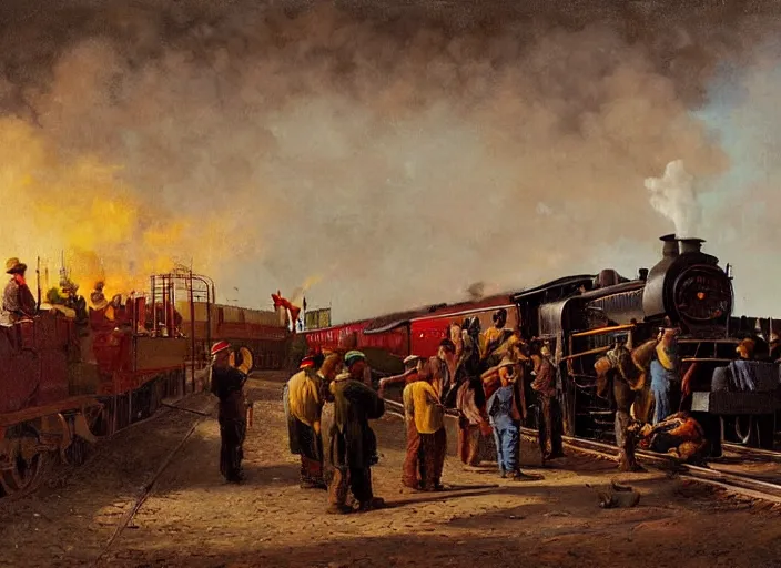 Image similar to detailed painting of railroad workers drinking wine and having fun with a steam locomotive coming right at them by ivan aivazovski