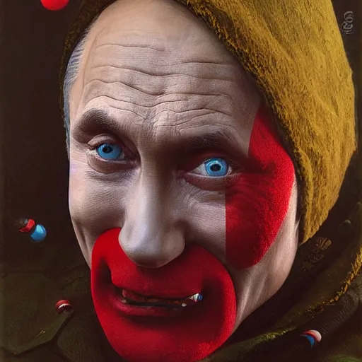 Prompt: vladimir putin, is a jester, circus performance, have red clown nose, fantasy 3 d render, masterpiece, by donato giancola and greg rutkowski and wayne barlow and zdzisław beksinski, realistic face