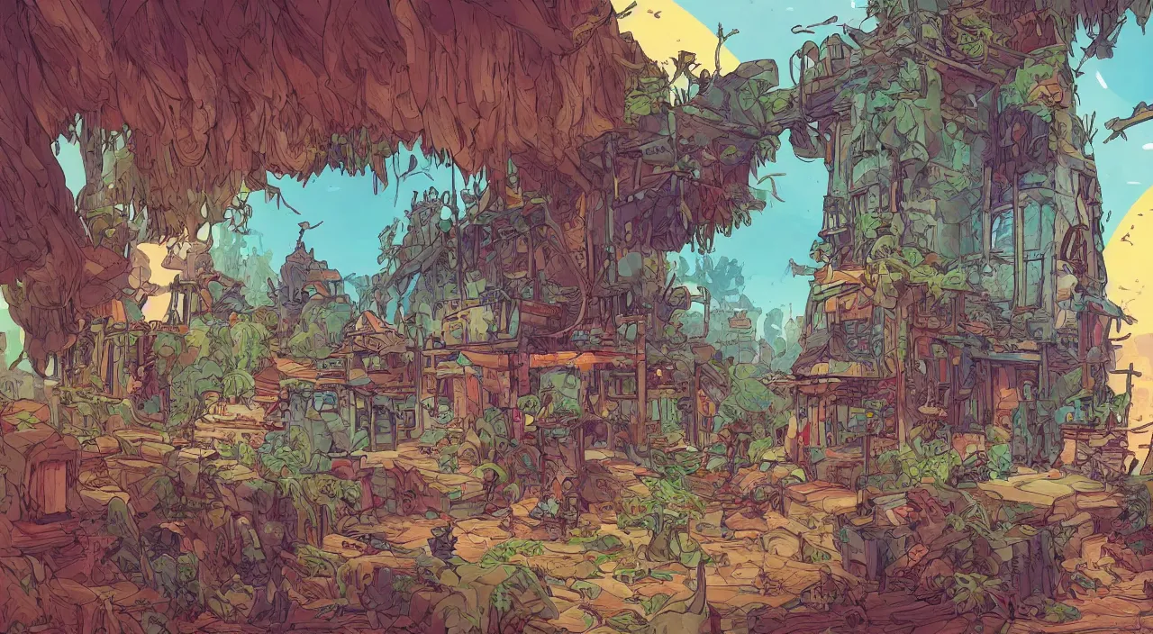 Image similar to open door wood wall fortress child house flag amazon jungle on portal unknow world ambiant fornite colorful that looks like it is from borderlands and by feng zhu and loish and laurie greasley, victo ngai, andreas rocha, john harris