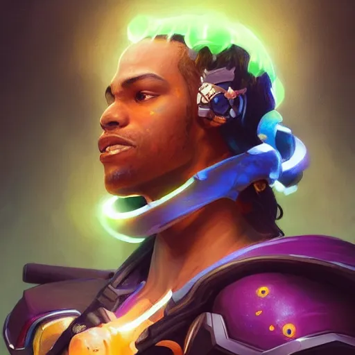 Prompt: dark fantasy character portrait of Lucio from Overwatch, vibrant, brazil, intricate, wild, highly detailed, digital painting, artstation, upper body, concept art, smooth, sharp focus, illustration, art by artgerm and greg rutkowski and alphonse mucha