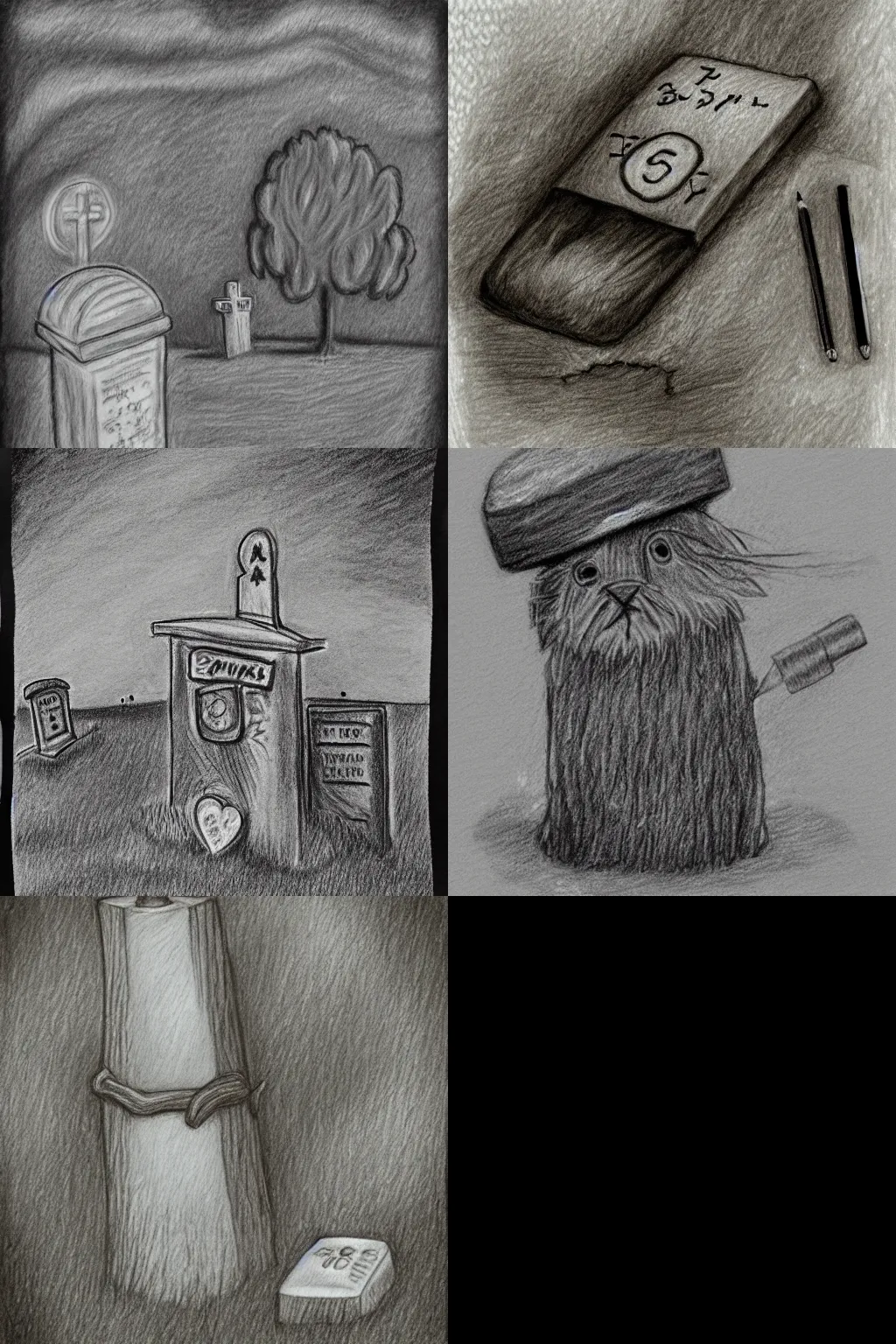 Prompt: journal entry, pencil illustration, Brownie spirit that guards a cemetery, pencil, smooth