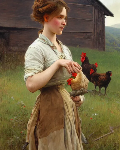 Image similar to side portrait Appalachian farm girl with detailed features, weathered barn in the backdrop, chickens on the ground, Appalachian trees, sharp focus, illustration, highly detailed, oil painting, matte, art by Greg Rutkowski and Alphonse Mucha, masterpiece