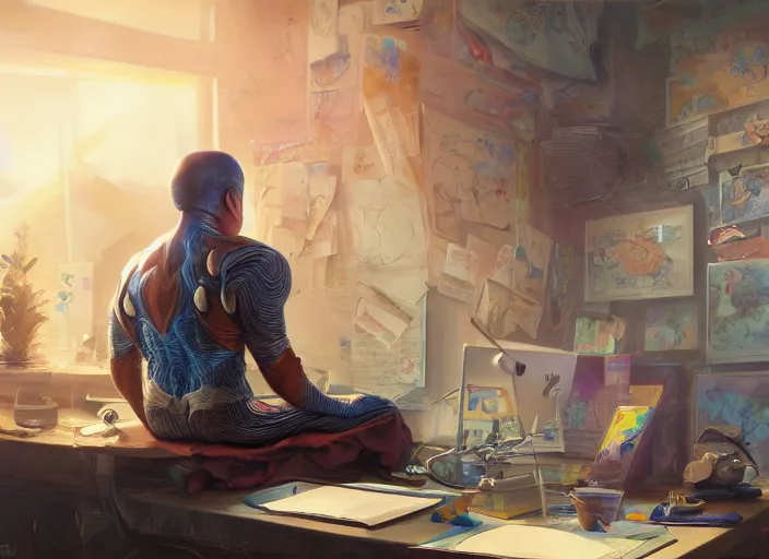 Image similar to an insanely detailed painting of an asian man wearing a homemade superhero costume, sitting at a desk, staring seriously at the computer and typing, in the style of peter mohrbacher, james jean, artgerm, dramatic lighting and composition, surreal background, octane render, pixar, trending on artstation, concept art, comic book, view from behind, 8 k