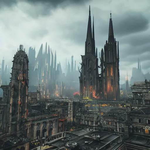 Prompt: octane render of a gothic city with an overcast sky, tall spires, steampunk, cyberpunk, high - definition, alienating, imposing, imperious, malevolent, moody, landscape, distant, vast, cityscape, skyline, neon, glowing, flying vehicles, long shot, timelapse, 4 0 k, warhammer 4 0 0 0 0, zdzisław beksinski