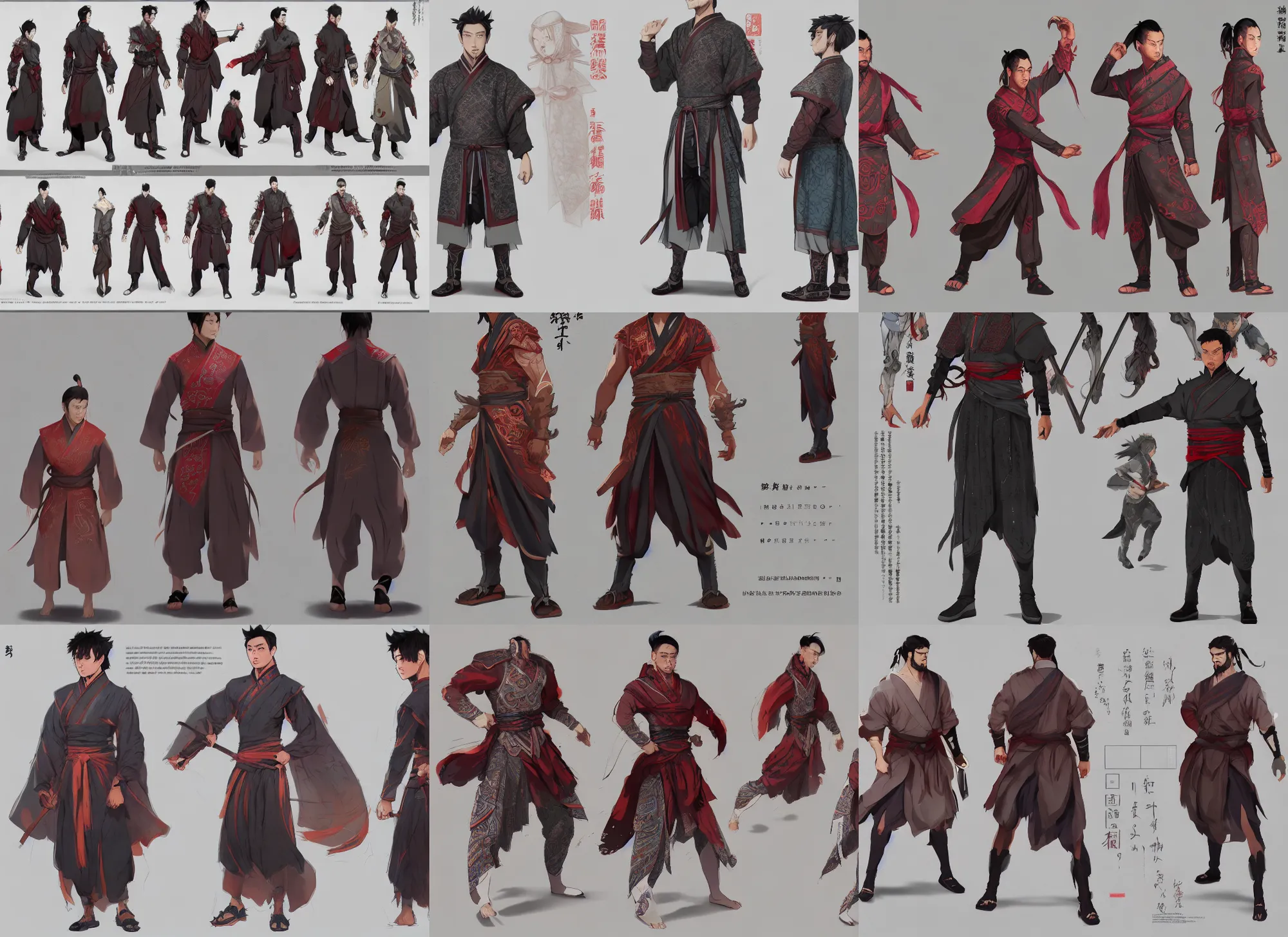 Prompt: character sheet for a wuxia beefy male, clothes has complex pattern, dynamic color, for genshin impact by greg rutkowski, by studio ghibli, digital art, trending on artstation, hd, 8 k, highly detailed, good lighting, beautiful, masterpiece
