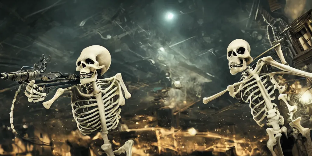 Image similar to skeleton in a pinstripe suit firing a tommy gun, realistic 4 k octane beautifully detailed render, 4 k post - processing, highly detailed, intricate complexity, epic composition, magical atmosphere, cinematic lighting, masterpiece, ultra hd